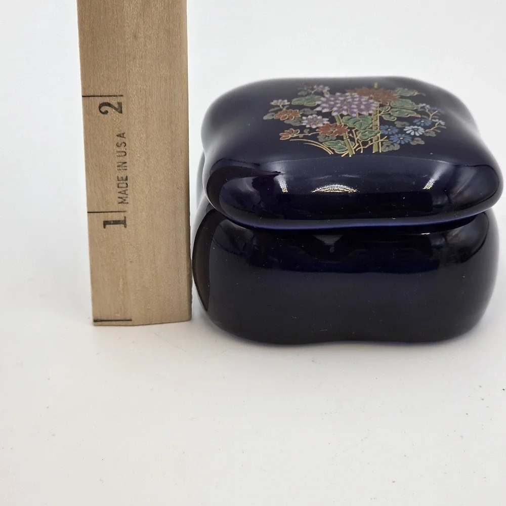 Vintage Japanese Cobalt Blue Ceramic Trinket Box Hand Painted Floral Jewelry Box